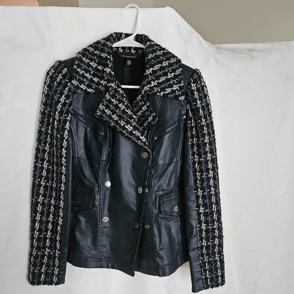 White House Black Market | Blue Navy & Faux Leather Tweed Jacket